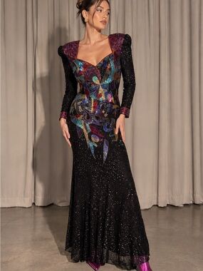 VTG 80s BLACK TIE 100% Silk Beaded Sequin Geometric Mermaid Gown Maxi Dress 10